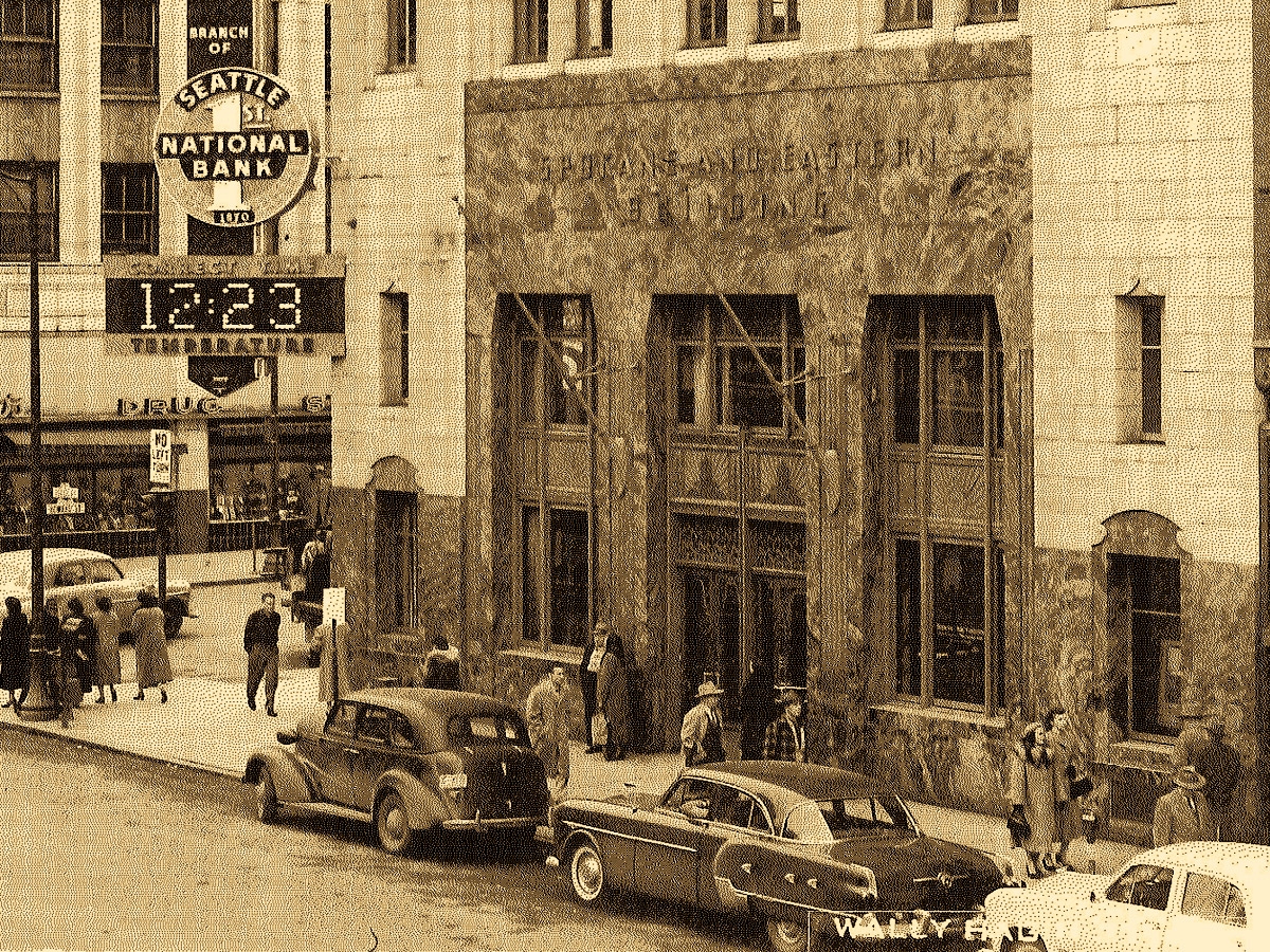 Black and White Photo of Original Time and Temp Sign in Downtown Spokane